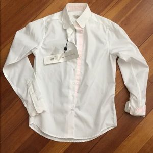 Coral and Park white blouse with pink ribbon